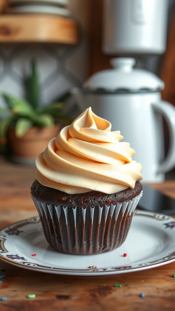 A chocolate cupcake with vegan icing frosting, decorated with colorful sprinkles, on a rustic plate.